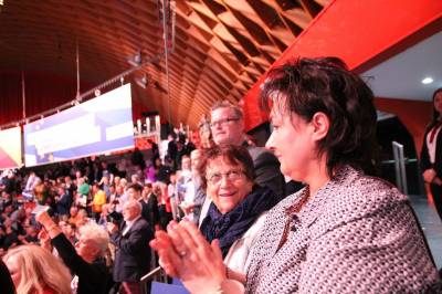 Auftakt des Europawahlkampfes der CDU-CSU am 27.4.2019 in Münster - Die Auricher CDU war mit einer kleinen Delegation vertreten, v.r.n.l. Martina Bretländer, Eleonore Folpts, Holger Kleen